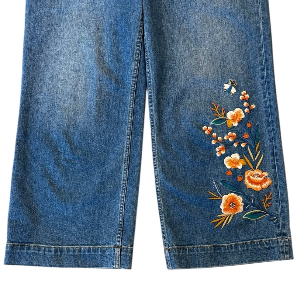Johnny Was Shuri Cropped Wide Leg Jeans Floral Embroidered Patch Pocket Size 29 - Picture 5 of 16
